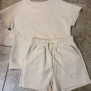Cream Textured Short Sleeve Top and Shorts Set